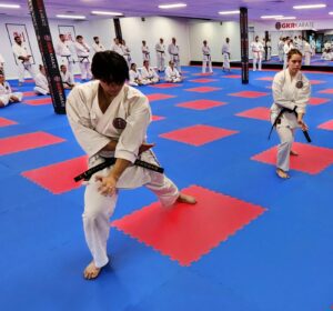 Two karate practitioners with black belts are performing a kata in the foreground on a red and blue matted floor in a dojo. The focused male practitioner on the left is performing a low block, and the female practitioner on the right is in a ready stance. In the background, other students are seated in neat rows, observing the demonstration