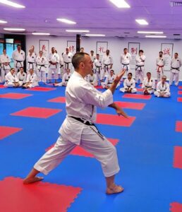 Karate instructor performing a kata in the foreground with a group of attentive students in white gis sitting in the background, on a blue and red matted floor in a dojo