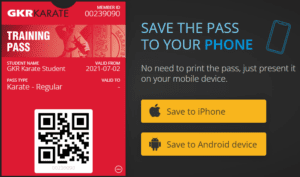 Example of a GKR Karate Training Pass showing the options to download to an apple or android device